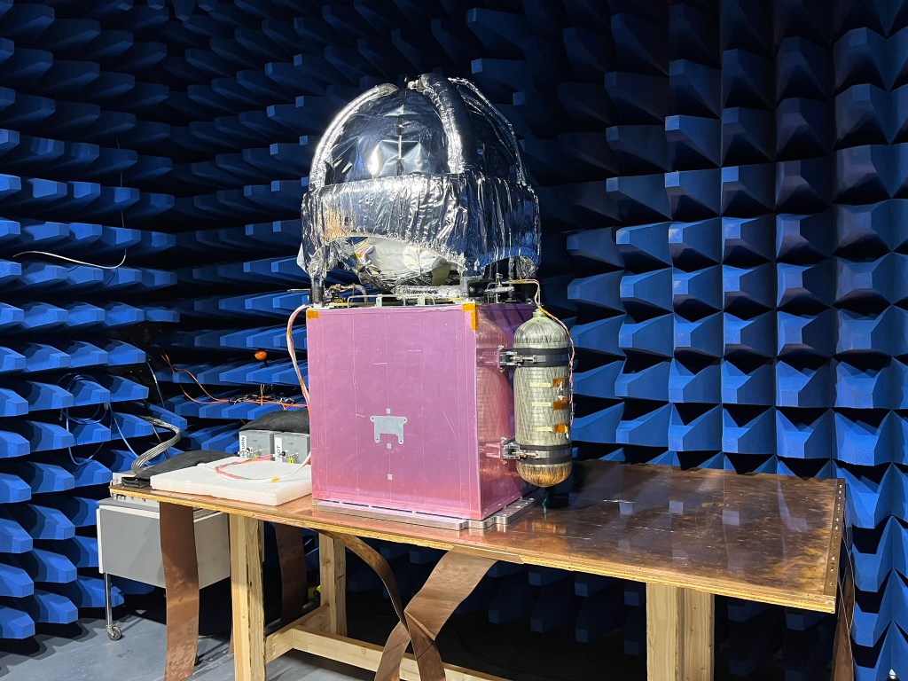 The LOXSAT payload undergoes environmental control testing at the Kennedy Space Center’s EMI Lab in November 2024. Credit: Eta Space