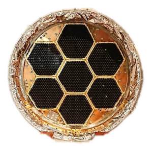 Figure 2. Photograph of the POLARBEAR focal plane array (400 mm diameter), tiled with seven hexagonal detector array wafers, each with 271 pixels. Image: POLARBEAR Collaboration