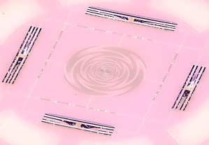 Figure 3. Photograph of a microfabricated detector. The sinuous antenna (diameter of 1.5 mm), a broadband dual-polarization antenna, is shown in center. The four rectangular structures that surround the antenna are transition edge sensor (TES) bolometers. Image: Aritoki Suzuki