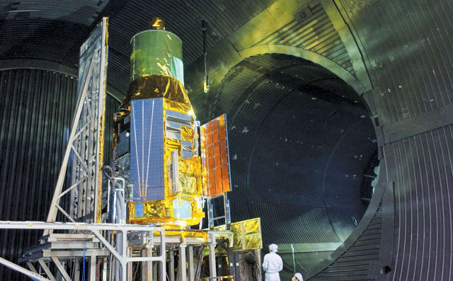The Astro-H satellite prior to thermal vacuum testing at the Tsukuba Space Center, Japan. Image: JAXA