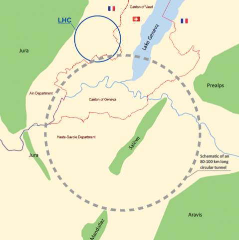Sketch of a future 80-100 km circumference tunnel in the Geneva area that would allow for a 100 TeV energy-frontier proton collider and a high-luminosity electron-positron Higgs factory