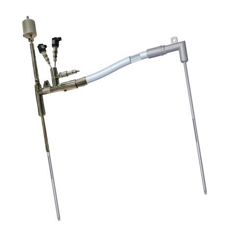 Figure 1: A typical transfer tube, such as those that were tested and developed throughout this project. Certain parts have been cut away so as to allow a view of the inner parts. A pneumatic valve, as well as some of the pressure connections and one of the feedthroughs for the temperature sensors, can be seen. All test transfer lines were equipped with these additional sensors.
