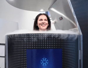 Customer in cryosauna at CryoBar in Chicago. Image: CryoBar