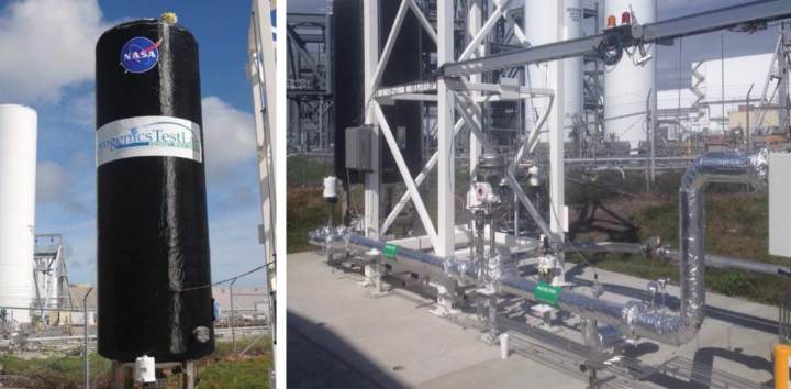 Completed LCX installation on the Autonomous Propellant Loading System Testbed at NASA/KSC, showing the simulated vehicle tank (left) and a combination of piping, valves, pipe supports and flanges (right) for liquid nitrogen service.