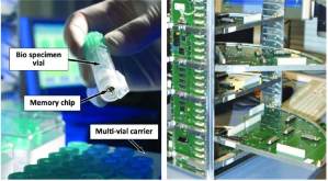 Figure 12. Cryo-bio preservation: left: biological specimen vial with memory chip incorporated; right: circuit board subsystems that operate in the storage cryostat at cryogenic temperatures (multi-vial carriers would sit on and connect electrically to the “swing-out” circuit boards on the right) Image: Fraunhofer IBMT, Bernd Müller