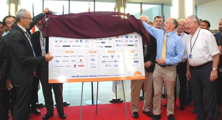 ITER Director-General Bernard Bigot unveils a plaque that lists all of the contributing partners to ITER's longest-lead procurement package. Image: ITER