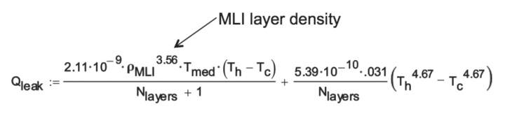Semi-empirical equation for MLI performance developed by Lockheed under NASA contract. C. W. Keller, G. R. Cunnington, et al.,Thermal Performance of Multi-layer Insulations, Final Report, Contract NAS3-14377, Lockheed Missile and Space Company, Sunnyvale, CA, 1974.