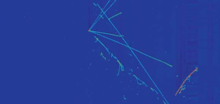 Figure 2. Neutrino event candidates seen in the MicroBooNE detector. Image: Fermilab http://www-microboone.fnal.gov